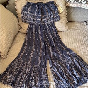 NWT Navy Patterned Strapless Jumpsuit